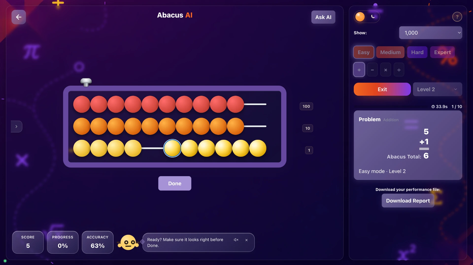 The Abacus by Ignite practice screen, showing an interactive abacus, the current challenge and progress indicators