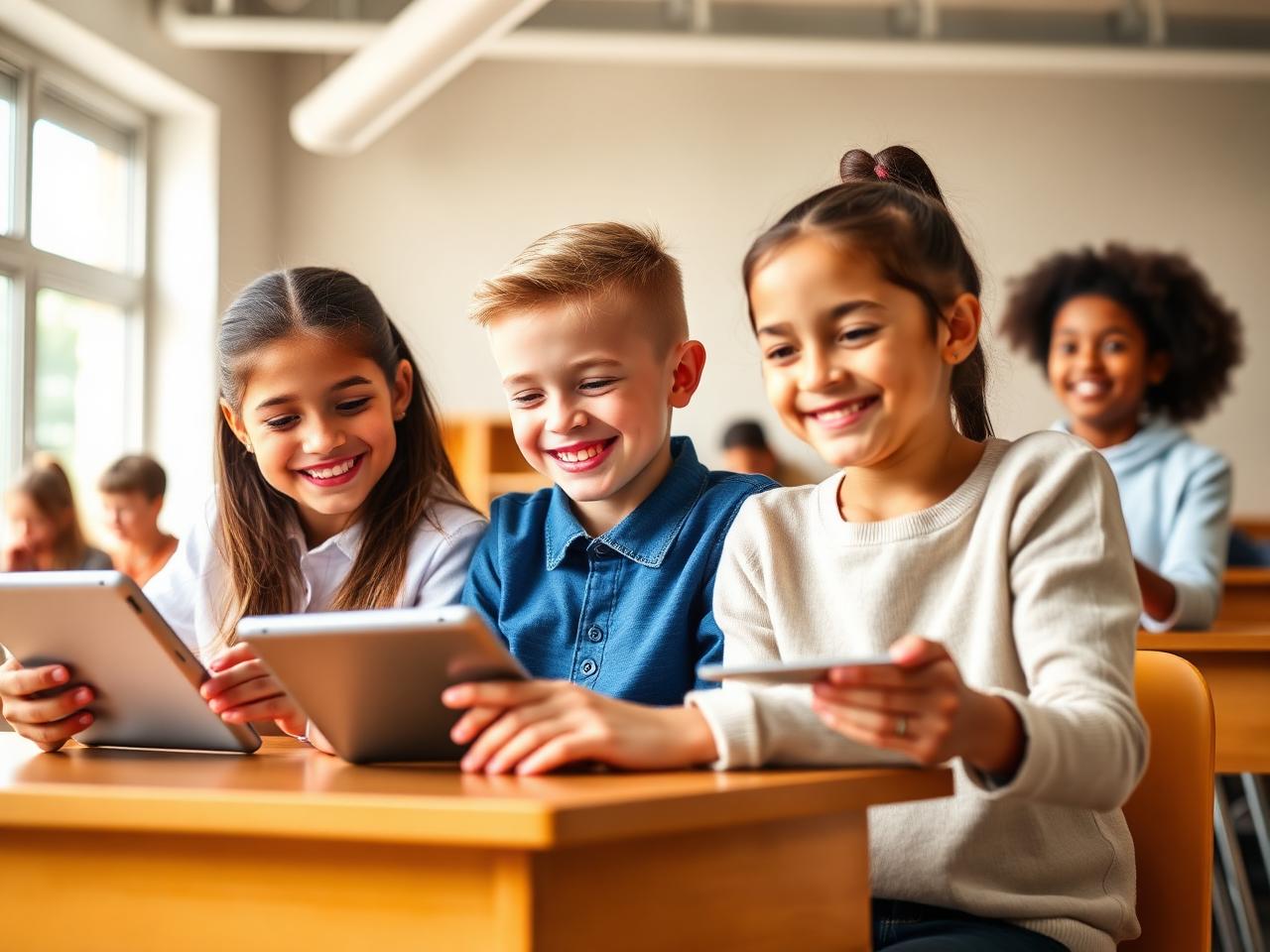 Young students learning together with tablets in a bright classroom
